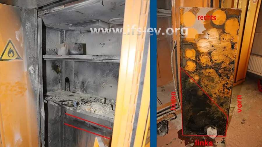 Blick in den betroffenen Gefahrstoffschrank; rechts ist der unterste Regalboden zu sehen, auf dem Chemikalien und Brandrückstände haften.