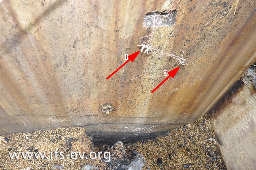Während an der linken Steckdose (1)  noch Reste der eingesteckten Kontaktstifte vorhanden sind, sind an der rechten (2) Kontaktstifte und Kupferleitungen größtenteils abgeschmolzen.