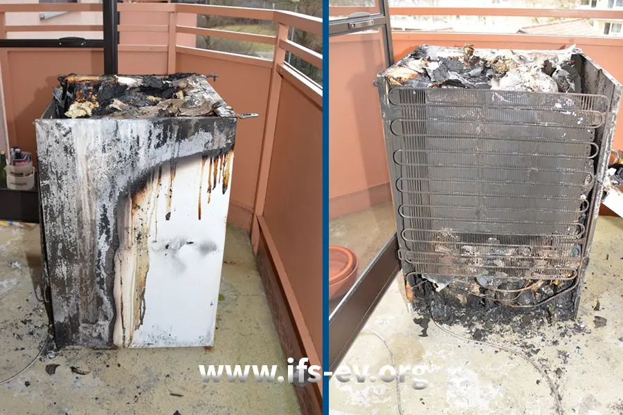 An der linken Seite des Gehäuses und der Rückseite des Kühlschrankes sind starke Brandschäden zu sehen.