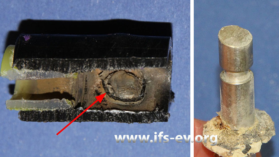 Auf der Innenseite des undichten Rohrabschnittes ist ein verschlossenes Loch zu erkennen, das im Durchmesser dem Stift des Türstoppers (rechts) entspricht.