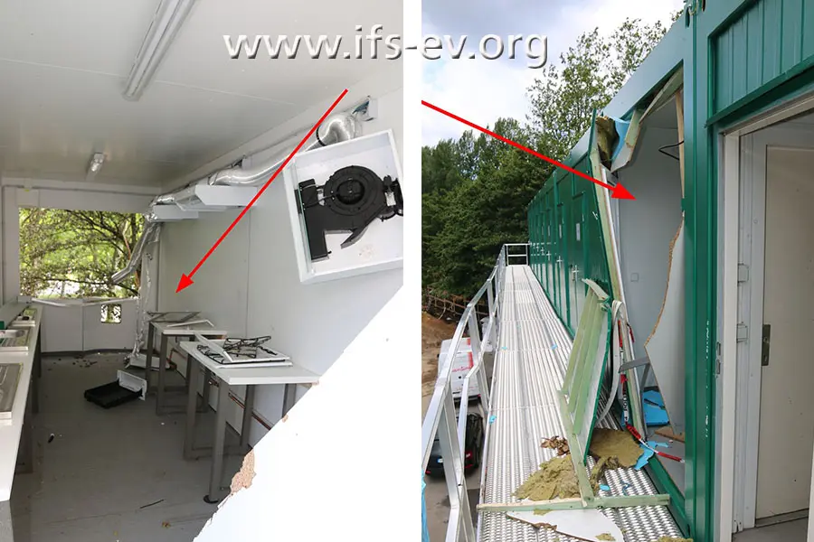 Am betroffenen Küchencontainer sind von innen und außen deutliche Explosionsfolgen zu sehen.