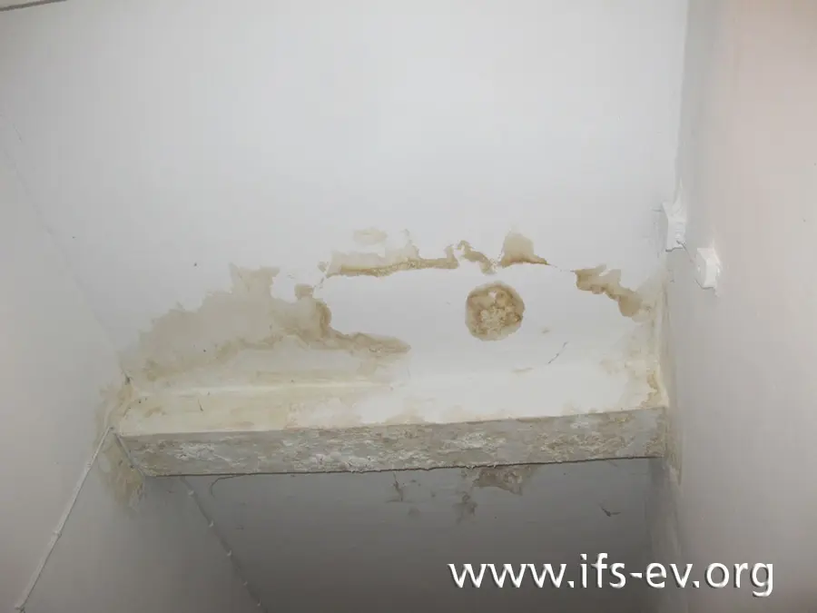 Im Treppenhaus ist im Erdgeschoss eine großflächige Durchfeuchtung an der Decke zu sehen.
