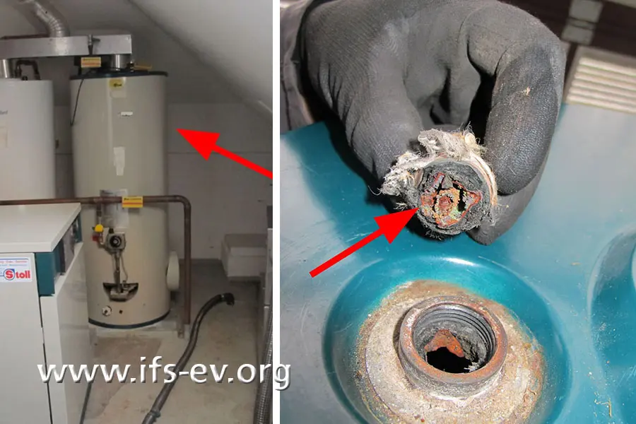 Links ist der betroffene Warmwasserspeicher abgebildet und daneben der kümmerliche Rest der Opferanode, die aus dem Anschluss auf der Oberseite des Speichers geschraubt wird.