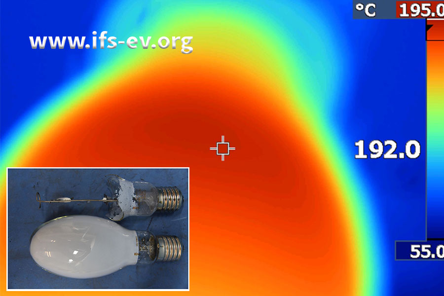 Wärmebild eines Vergleichsleuchtmittels, das auf dem kleinen Foto zusammen mit dem geplatzten abgebildet ist.