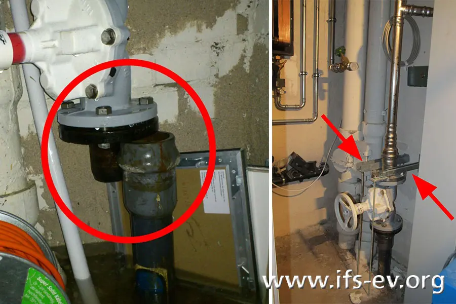 Links ist das Schadenbild mit dem vollständig aus der Steckmuffenverbindung herausgedrückten Flanschanschluss abgebildet, rechts die reparierte und mit Metallprofilen (Pfeile) gesicherte Leitung.