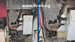 Das linke Bild zeigt den Brandschwerpunkt. Auf dem rechten Foto hat der Gutachter begonnen, das Regal zu rekonstruieren, zunächst mit der Bodenplatte.