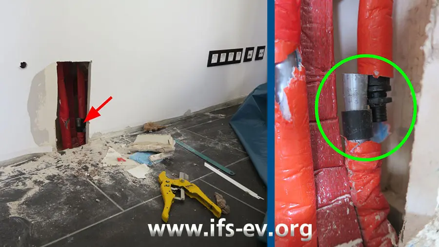 Die Wand im Wohnzimmer wurde geöffnet (links). Dahinter liegt an der senkrecht verlaufenden Leitung eine getrennte Verbindung, bei der ein Rohrende komplett von der Kunststoffkupplung gerutscht ist.