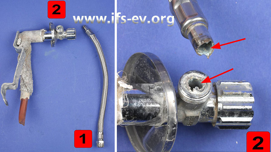 Der Schlauch (1) und das alte Eckventil (2); auf dem rechten Foto haben wir die beiden Teile des  gebrochenen Anschlussstutzens markiert.