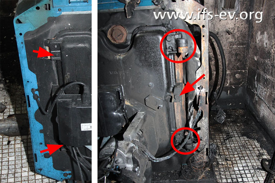 Die beiden Bilder zeigen die linke und rechte Seite der Brennraumtür, die mit drei Schrauben (Pfeile) an den Kessel herangezogen wird. Die Kreise rechts markieren die Scharnierhaken der Tür.