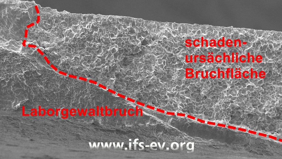 Die elektronenmikroskopische Aufnahme der Bruchfläche zeigt Strukturen, wie sie durch Spannungsrisskorrosion entstehen.