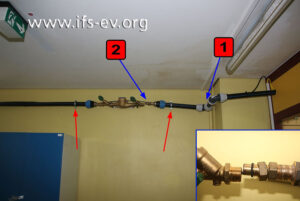 Die Leitung wird von Rohrschellen (rote Pfeile) gehalten und hängt durch ihr Eigengewicht stellenweise herab (1). Dadurch gibt es eine Krafteinwirkung auf die Schiebetülle (2). Das kleine Bild zeigt die getrennte Verbindung.