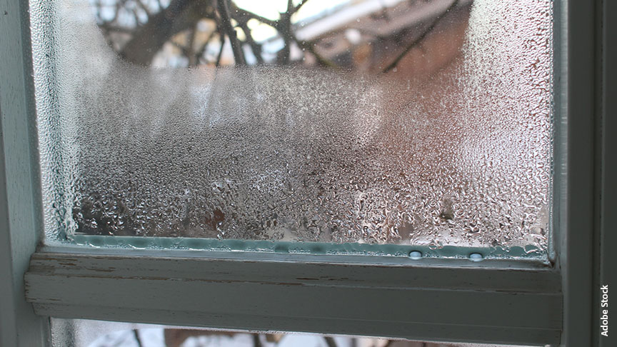 Am kalten Fenster kondensiert die Feuchtigkeit aus der Raumluft.