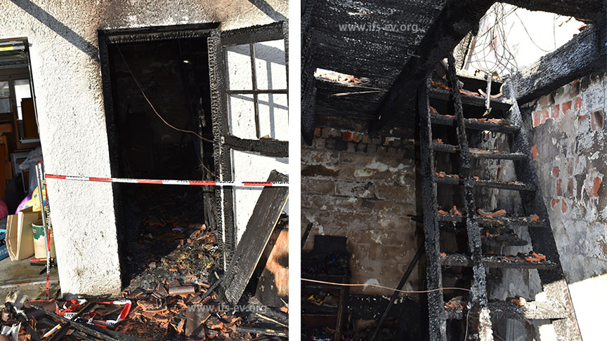 Die Brandschäden an der Türzarge des Anbaus und der Treppe zum Dachspeicher reichen bis auf den Fußboden.
