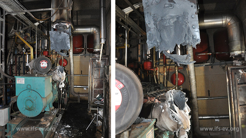 Das BHKW (links) und ein näherer Blick auf den Brandbereich mit dem von der Decke hängenden Katalysator und dem geschmolzenen Anschlussrohr.