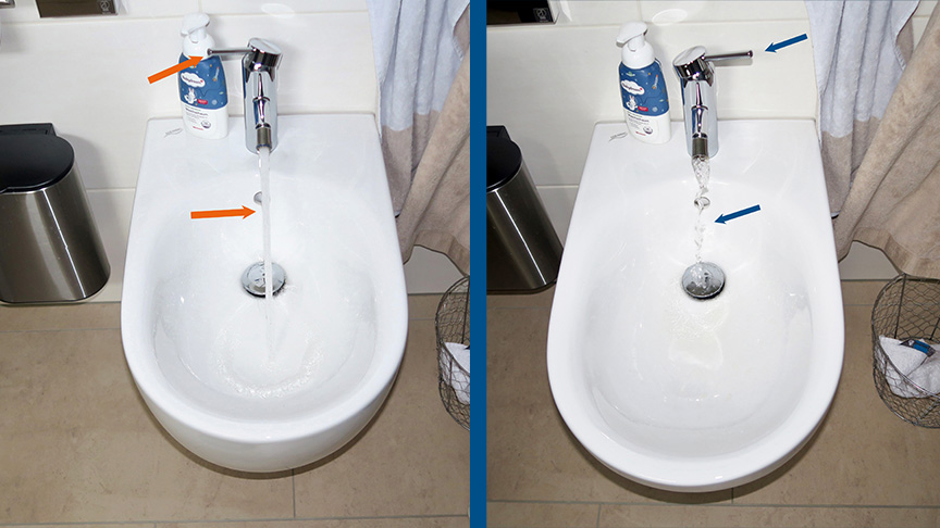 Die Aufnahmen rechts und in der Mitte zeigen das Bidet im Gäste-Bad. Bei der Entnahme von Kaltwasser (rechts) ist die maximale Entnahmerate erheblich reduziert, während sie bei Entnahme von Warmwasser (Mitte) in vollem Umfang zur Verfügung steht.