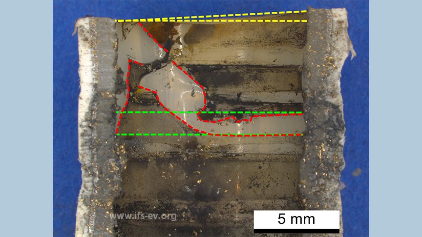 Ablagerungen auf der Rohrinnenseite zeigen den Verlauf des O-Rings (rote Linien). Das Rohrende wurde schräg abgelängt und nicht entgratet.