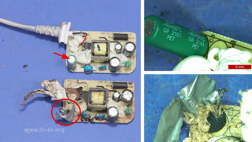 Wir haben den Kondensator markiert auf den Platine des betroffenen Netzteils (Kreis) und des Vergleichsgerätes (Pfeil). Beide Kondensatoren sind daneben in Nahaufnahme zu sehen.