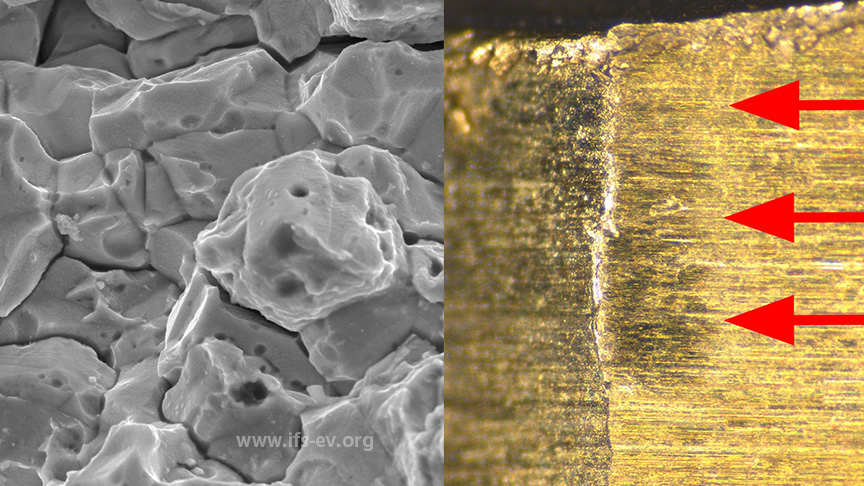 Die 7000-fach vergrößerte Bruchfläche (links) zeigt Strukturen von Spannungsrisskorrosion. Rechts sind Werkzeugspuren zu erkennen, die bei der Endmontage entstanden sind.
