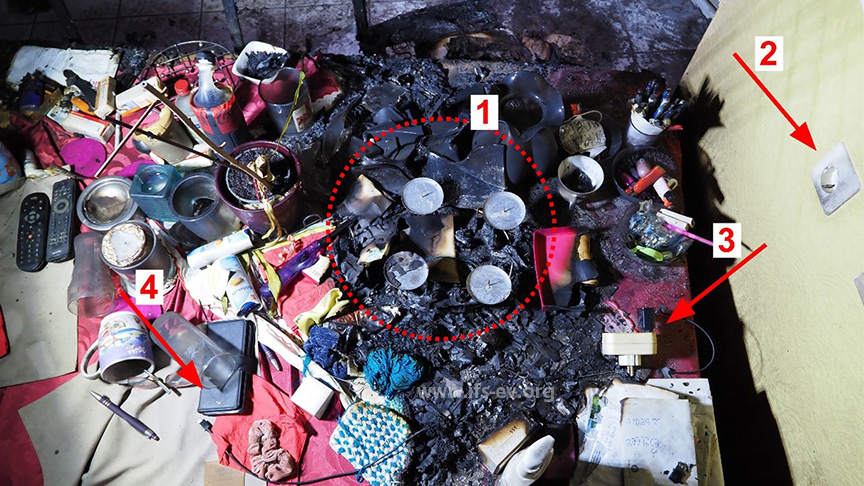 Die Überreste eines Adventskranzes (1) auf der brandbetroffenen Hälfte des Tisches. Die potenziellen technischen Zündquellen im Umfeld des Brandschwerpunktes sind unbeschädigt. Es handelt sich dabei um eine Wandsteckdose (2), eine Dreifachadapter mit einem Handyladegerät (3) sowie um ein Mobiltelefon (4).